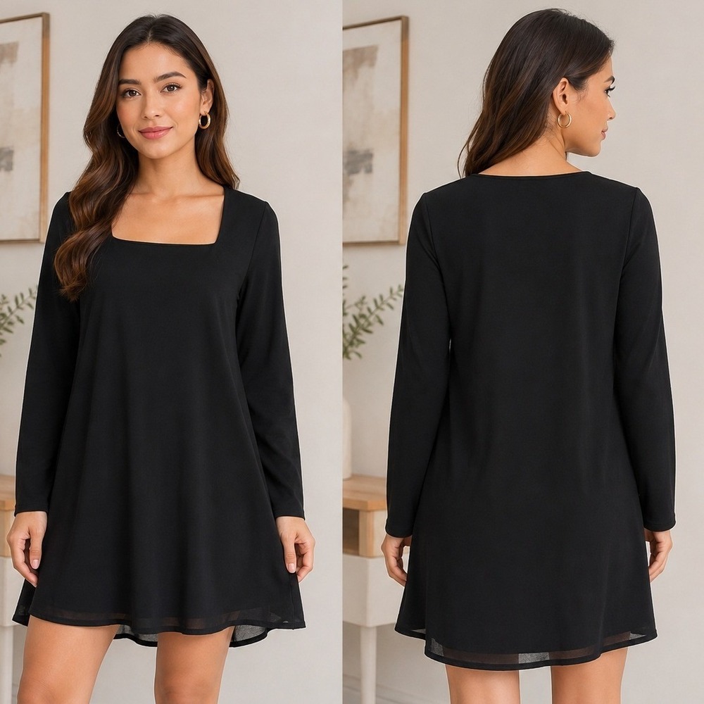 Tuckernuck Mini Dress Medium Black Square Neck Long Sleeve Shift Layered Hem